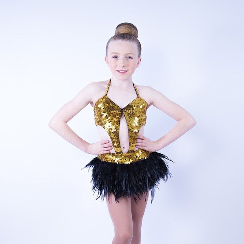 Fina Dance costume Cat black unitard with gold sequin marabou feathers Child M 