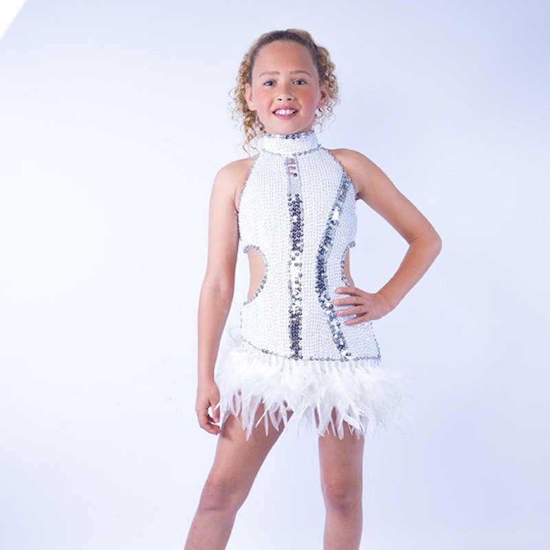 White-Silver Ally Sequin Dress with Feather Trim Skirt