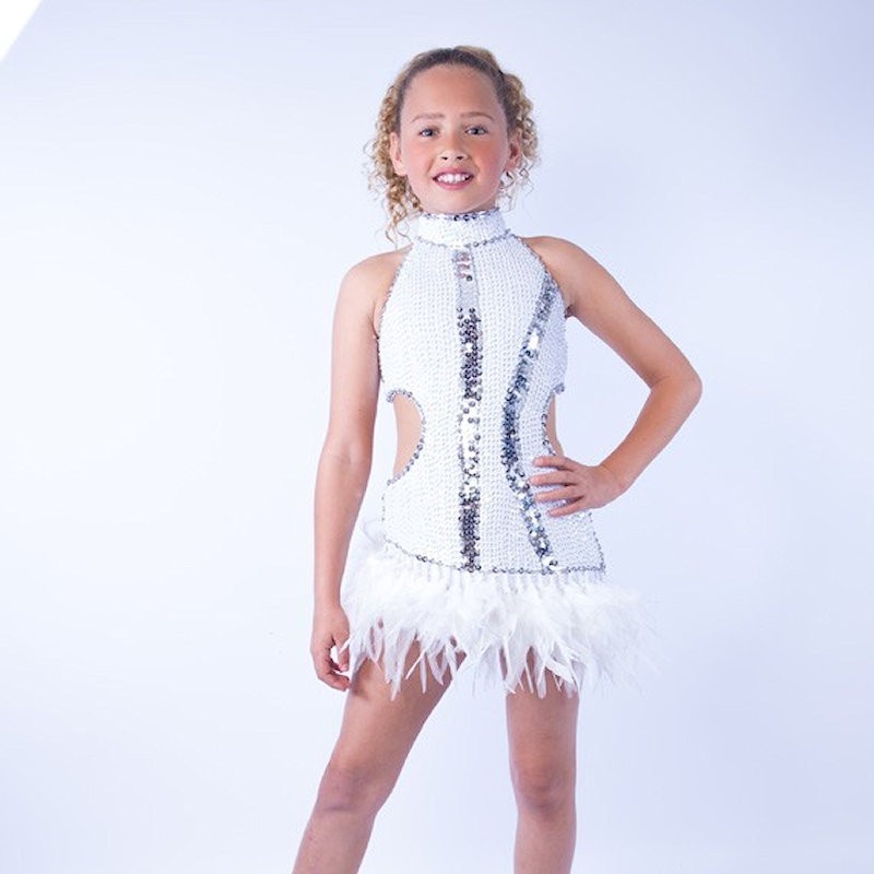 White-Silver Ally Sequin Dress with Feather Trim