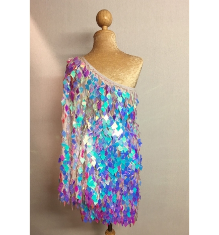 Opalescent Diamond Cut Sequin Flair Bat Wing Off The Shoulder Dress