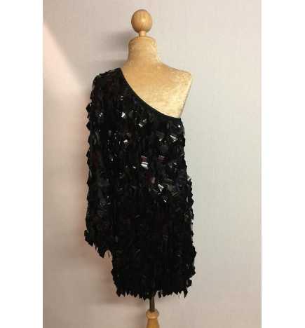 Black Diamond Cut Sequin Flair Bat Wing Off The Shoulder Dress