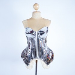 Metallic Cup Hip Corset with Lace Up Back Silver