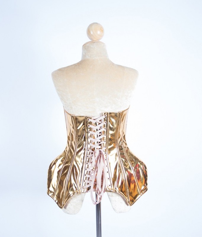 Custom Order Metallic Under Bust Hip Corset with Lace Up Back Gold
