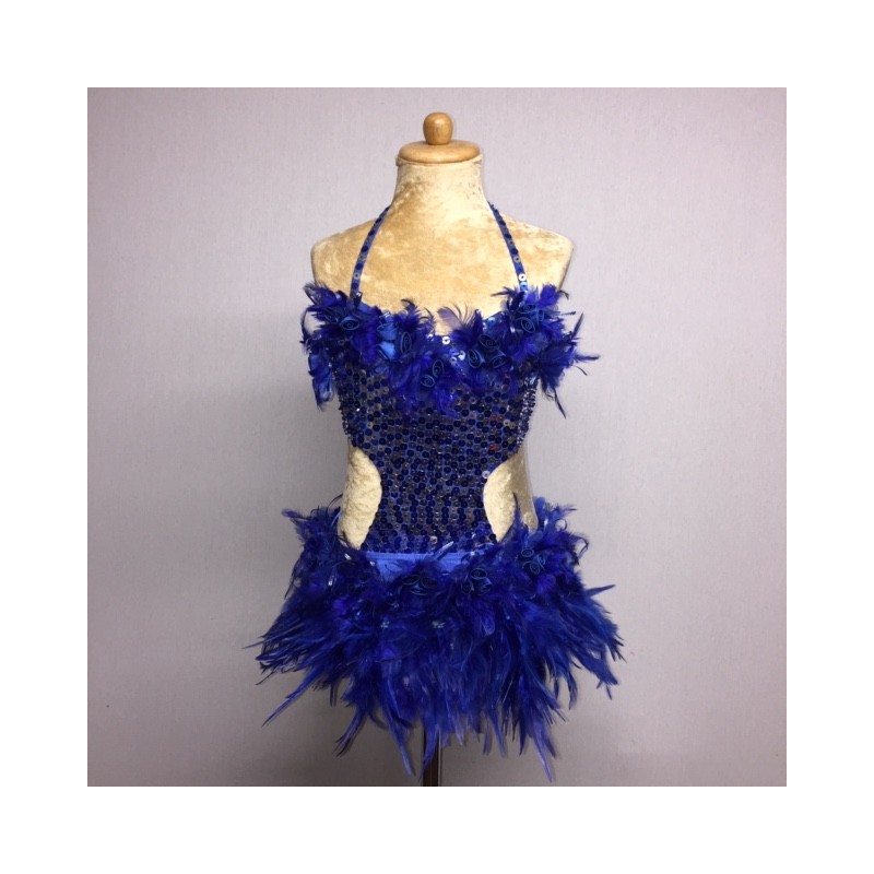 Royal Blue Simone Sequin Feather Flower Leotard and Skirt Set