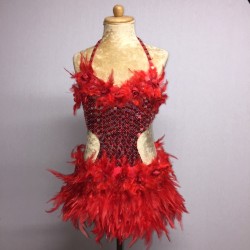Red Simone Sequin Feather Flower Leotard and Skirt Set