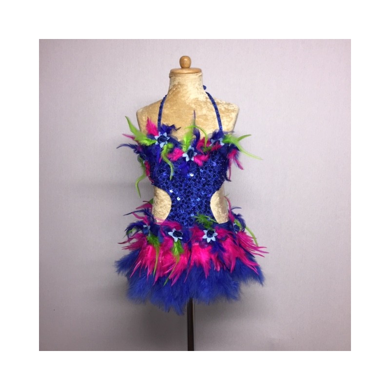 Royal Blue-Hot Pink-Green Simone Sequin Feather Flower Leotard and Skirt Set