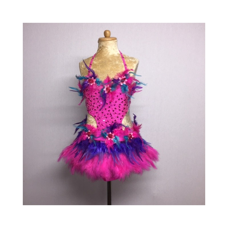 Hot Pink-Aqua-Purple Simone Sequin Feather Flower Leotard and Skirt Set