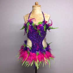 Purple-Hot Pink-Lime Green Simone Sequin Feather Flower Leotard and Skirt Set