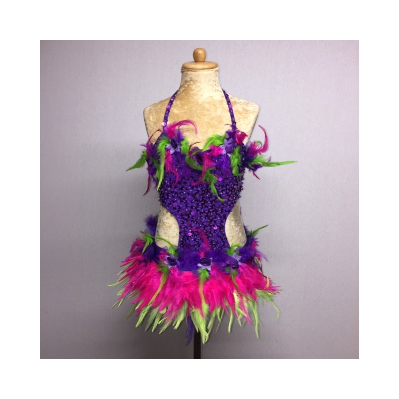Simone Sequin Feather Flower Leotard and Skirt Set Purple Hot Pink Lime Green