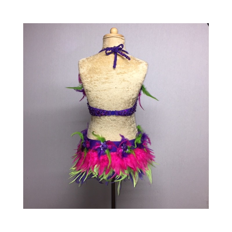 Purple-Hot Pink-Lime Green Simone Sequin Feather Flower Leotard and Skirt Set