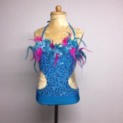 Simone Sequin Feather Flower Leotard and Skirt Set Aqua Hot Pink