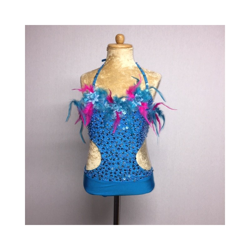 Aqua-Hot Pink Simone Sequin Feather Flower Leotard and Skirt Set