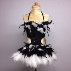 Black-White Simone Sequin Feather Flower Leotard and Skirt Set