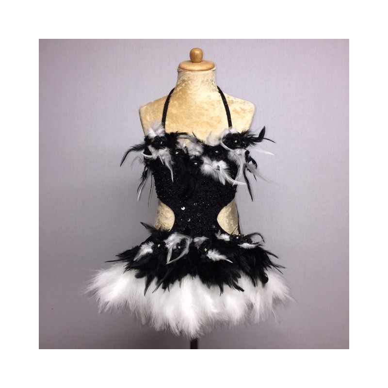 Black-White Simone Sequin Feather Flower Leotard and Skirt Set