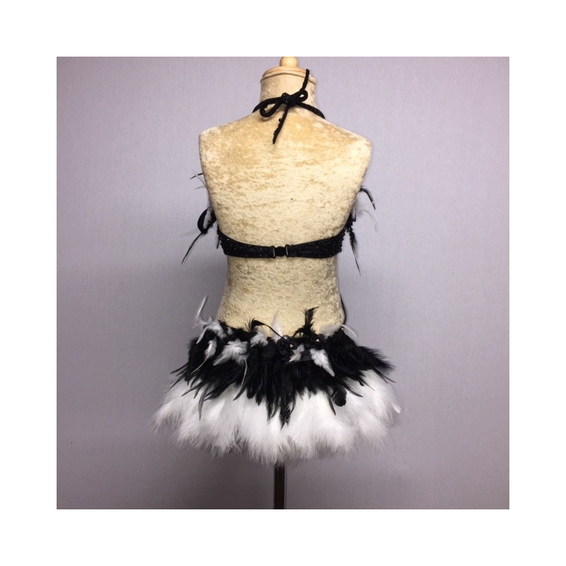 Simone Sequin Feather Flower Leotard and Skirt Set Black and White