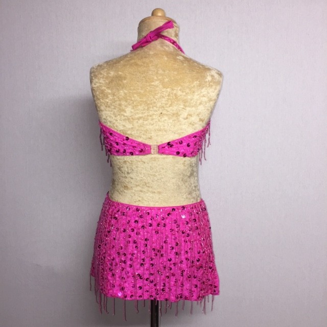 Hot Pink Candy Beaded Leotard with Fringe Aline Skirt