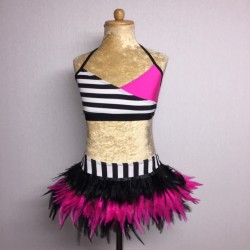 USA Crop Top Striped and Feather Skirt Set Black Hot Pink White