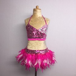 Hot Pink-White USA Crop Top and Feather Skirt Set