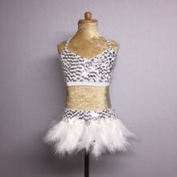 White-Silver USA Crop Top and Feather Skirt Set