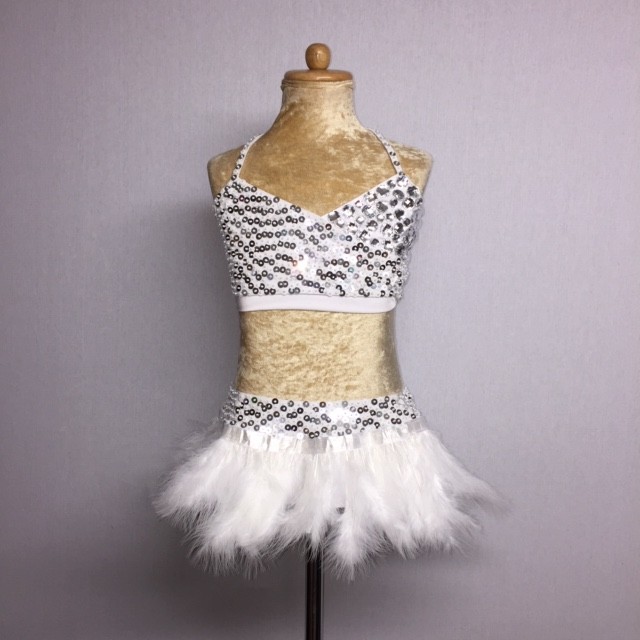 USA Crop Top and Feather Skirt Set White Silver