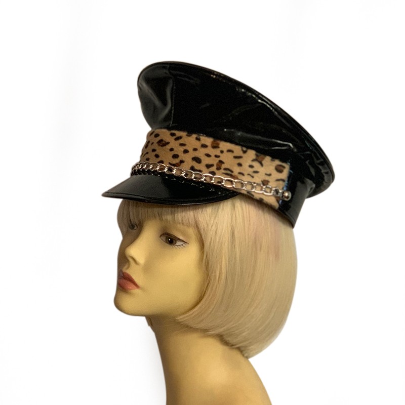 Biker Hat with Leopard Trim and Chain