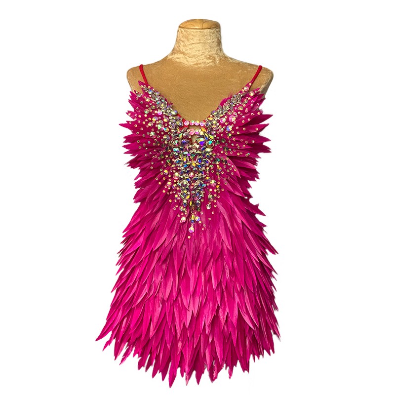 Deluxe Diamanté Feather Dress - Hot Pink