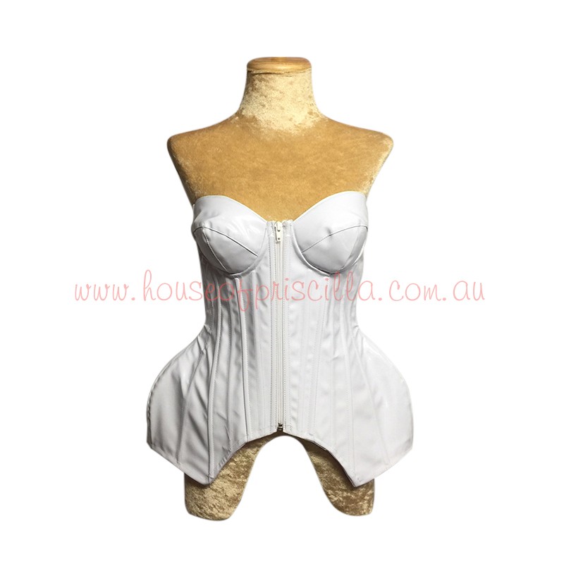White Metallic Cup Hip Corset with Lace Up Back