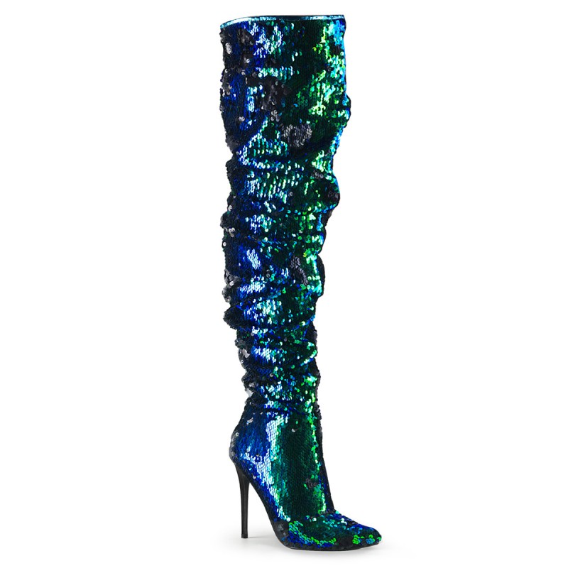 Pleaser Courtly 3005 Thigh High Boot Iridescent Green Sequin