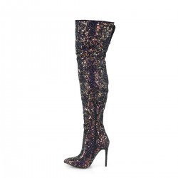 Pleaser Courtly 3015 Thigh High Boot Black Multi Glitter