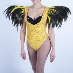 Gold & Black Sequin Beaded Bodysuit with Feather Shoulder