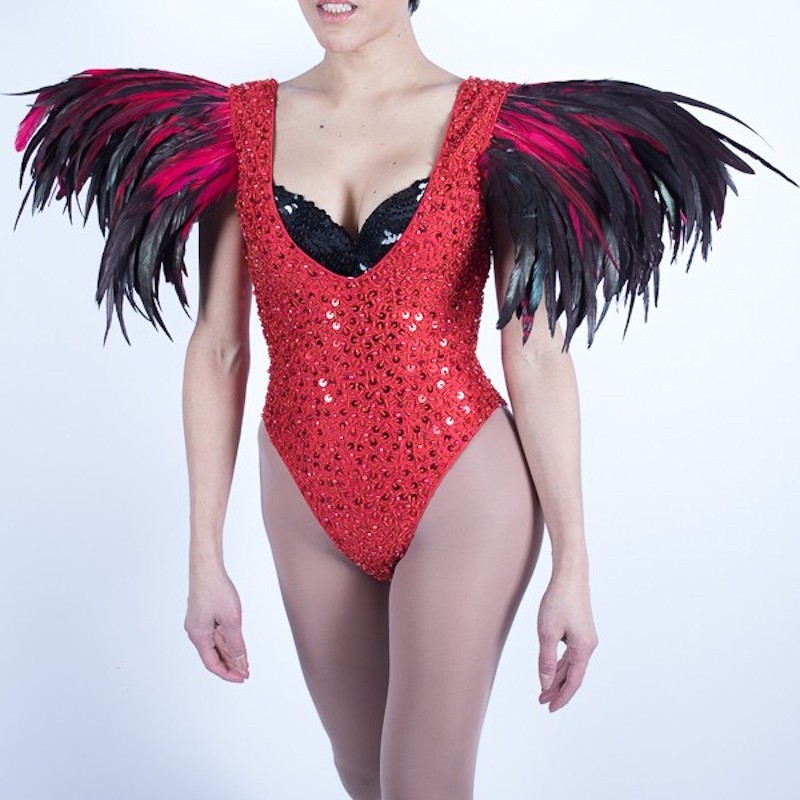 Red & Black Sequin Beaded Bodysuit with Feather Shoulder