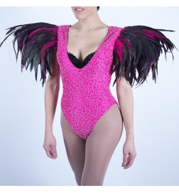 Hot Pink Sequin Beaded Bodysuit with Feather Shoulder