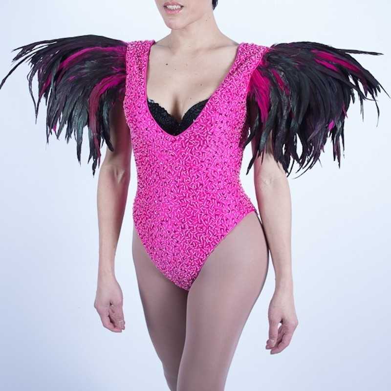 Hot Pink-Black Sequin Beaded Bodysuit with Feather Shoulder