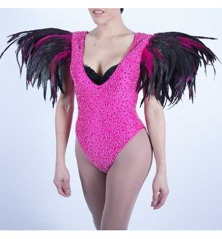 Hot Pink Sequin Beaded Bodysuit with Feather Shoulder