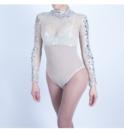 Nude-Silver Mesh Bodysuit with Diamante and Silver Beaded Applique