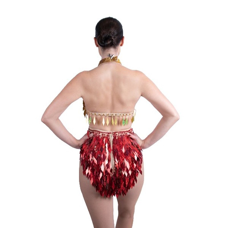 Red & Gold Diamond Cut Sequin Bodysuit with Mesh Insert