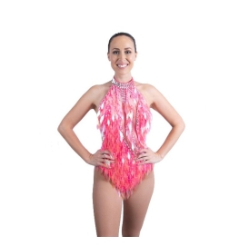 Pink-Silver Diamond Cut Sequin Bodysuit with Mesh Insert