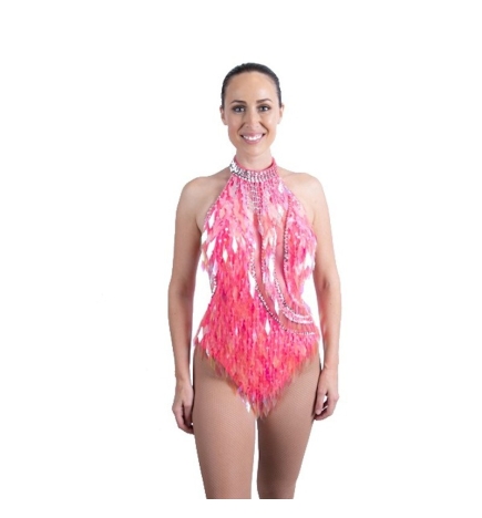 Pink-Silver Diamond Cut Sequin Bodysuit with Mesh Insert