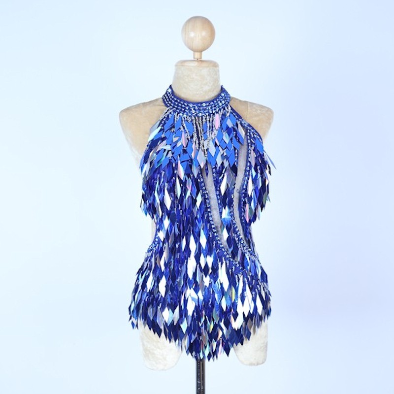 Royal Blue Diamond Cut Sequin Bodysuit with Mesh Insert