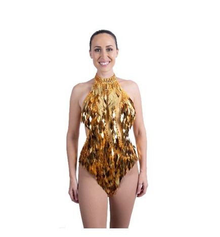 Gold Diamond Cut Sequin Bodysuit with Mesh Insert