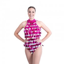 Hot Pink and Silver Keyhole Back Diamond Cut Sequin Bodysuit