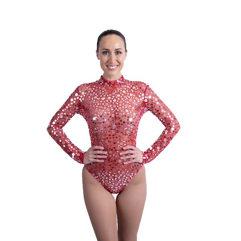 Red Mesh Bodysuit with Silver Coin Sequin Applique