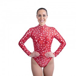 Brilliant Red Lycra Bodysuit with Silver Coin Applique