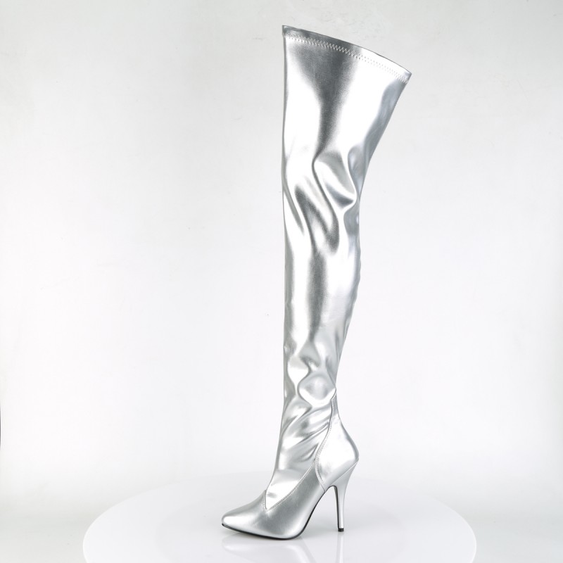 Pleaser Seduce 3000 Thigh High Stretch Boot Faux Leather Silver