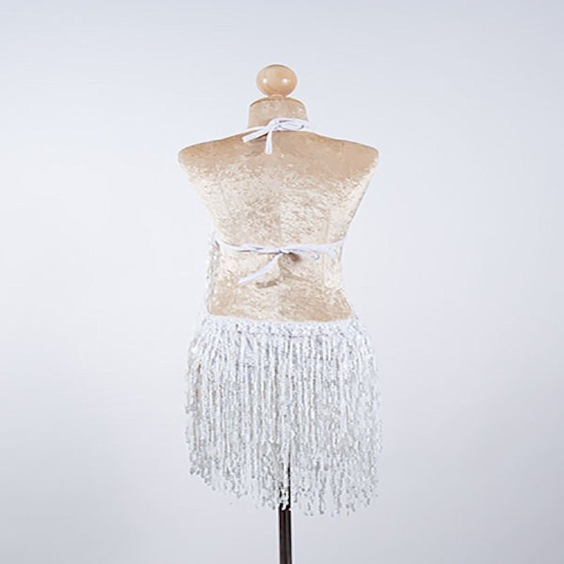 White Sequin Fringe Cabaret Bodysuit with Sequin Bra Cup