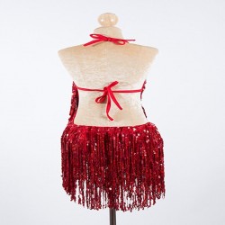 Red Sequin Fringe Cabaret Low Back Bodysuit with Sequin Bra Cup