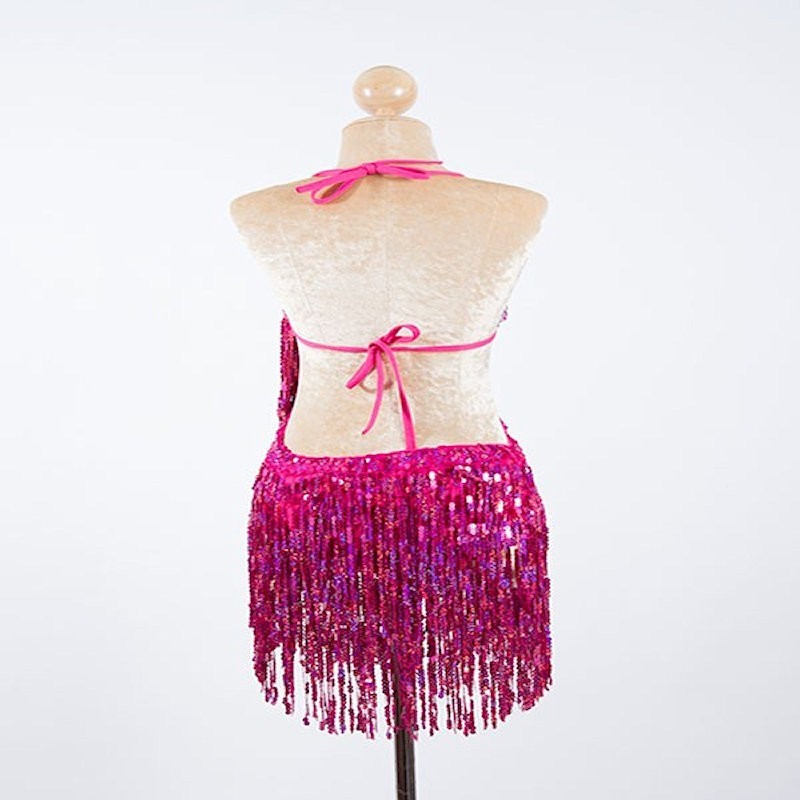 Hot Pink Sequin Fringe Cabaret Low Back Bodysuit with Sequin Bra Cup