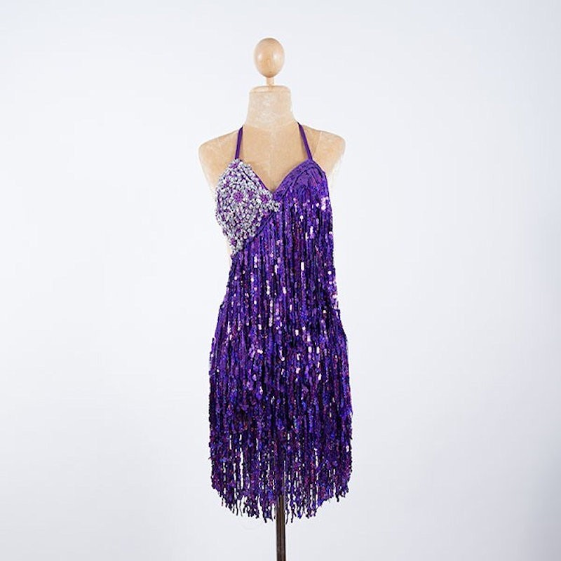 Purple Sequin Fringe Cabaret Low Back Bodysuit with Sequin Bra Cup