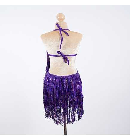 Dark Purple Sequin Fringe Cabaret Low Back Bodysuit with Sequin Bra Cup