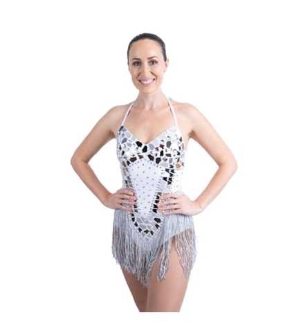 White-Silver Cut Mirror Lycra Bodysuit with Diamante Fringe